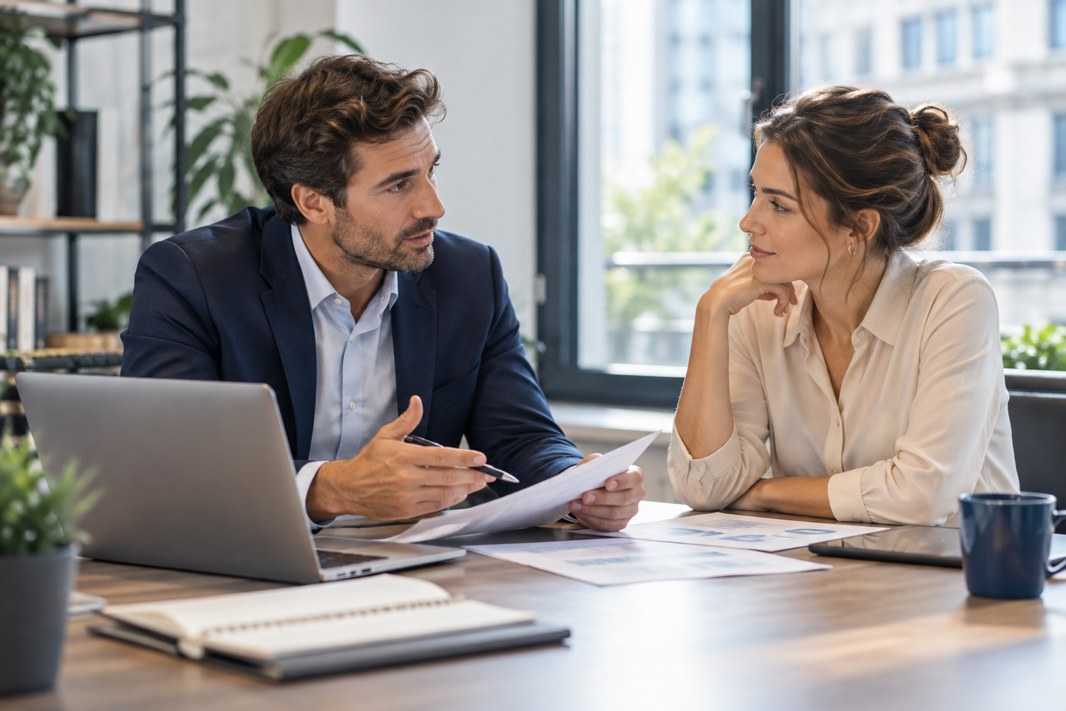 Advisor and client discussing financial documents